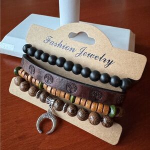 Fashion Jewelry Leather Wood Beads Bracelet Set